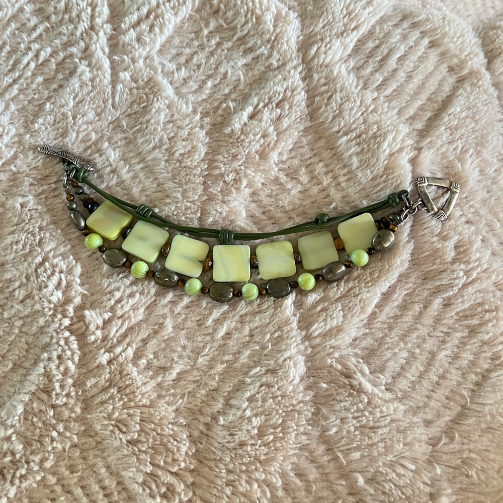 Silpada Silver 925 Green Mother of Pearl Leather Pyrite Tiger Eye Bracelet B1132